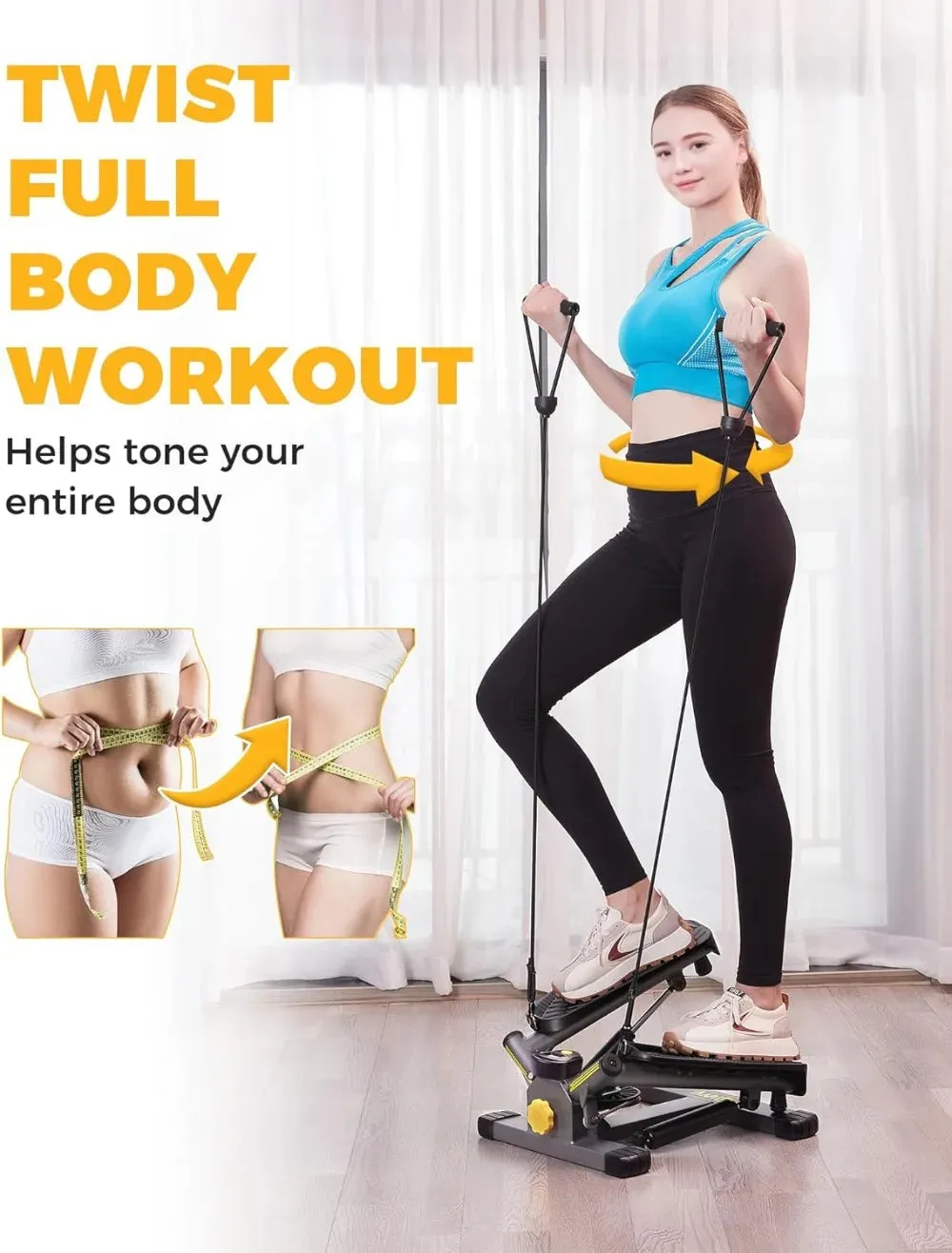 300LBS Capacity Adjustable Mini Stepper  Full-Body Workout Machine with Twist Motion, Quiet Hydraulic System & Resistance Bands (LCD Tracker)