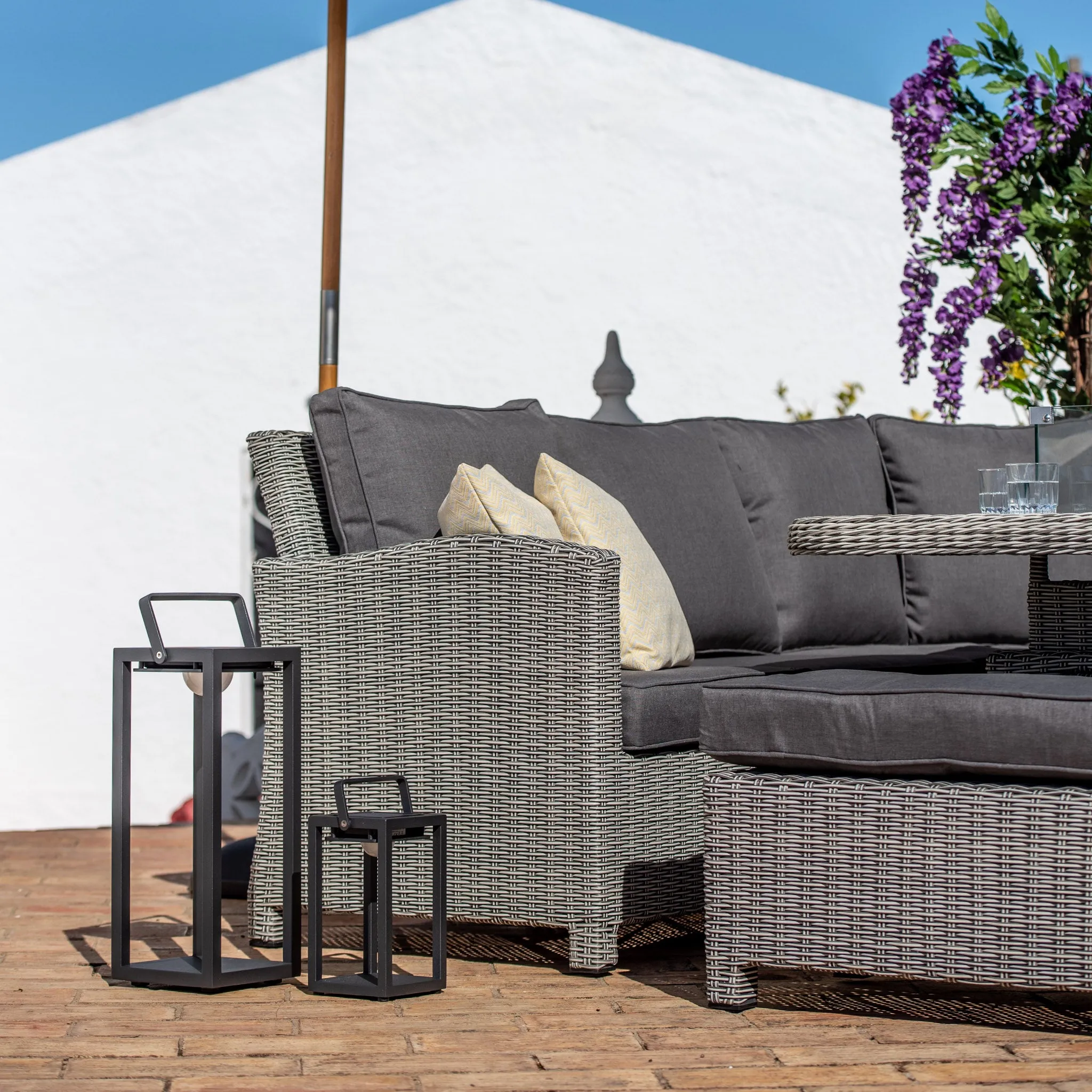 Santiago Deluxe Square Rattan Corner Dining Set with Rising Firepit Table in Grey